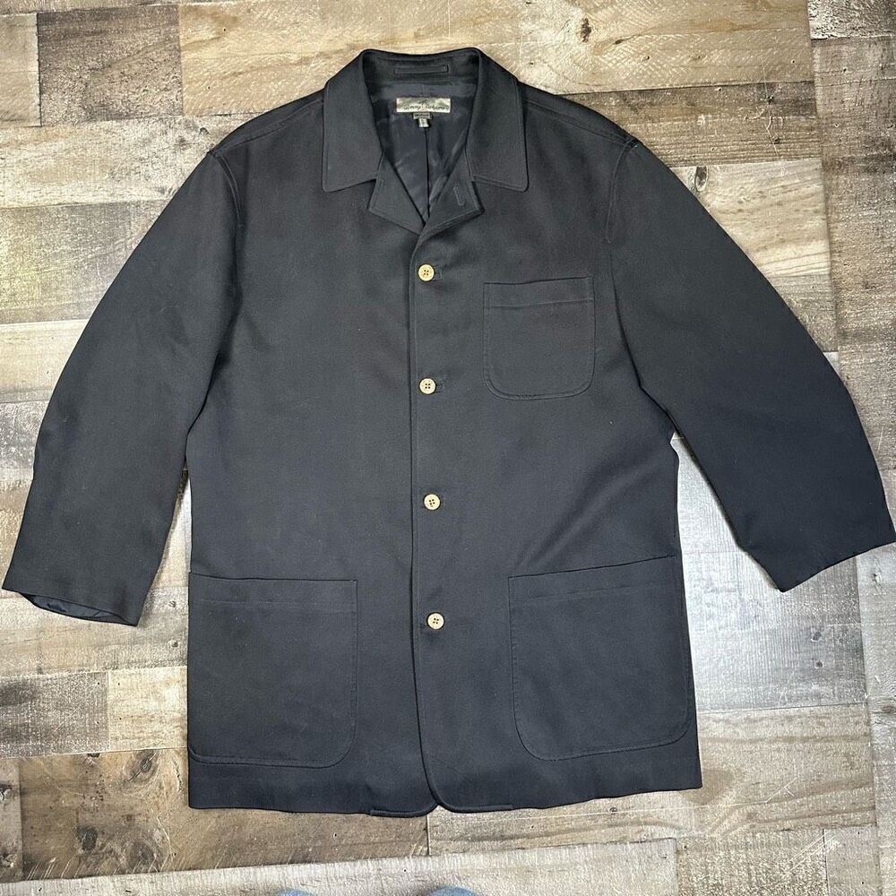 Tommy Bahama Men’s Size Medium 100% Silk Button Up Black Collared Jacket Pockets